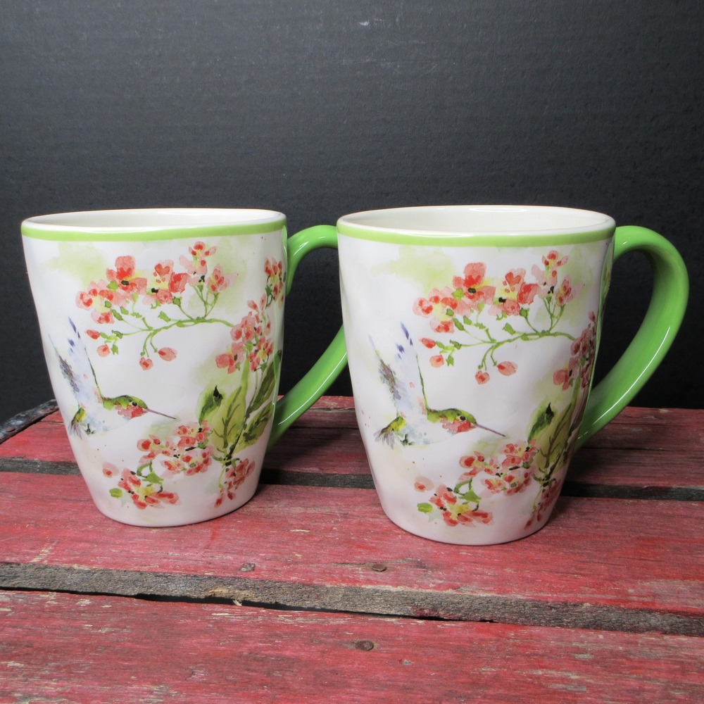 Hummingbird Floral Mugs Set of 2 Certified International Green Pink Ceramic NEW